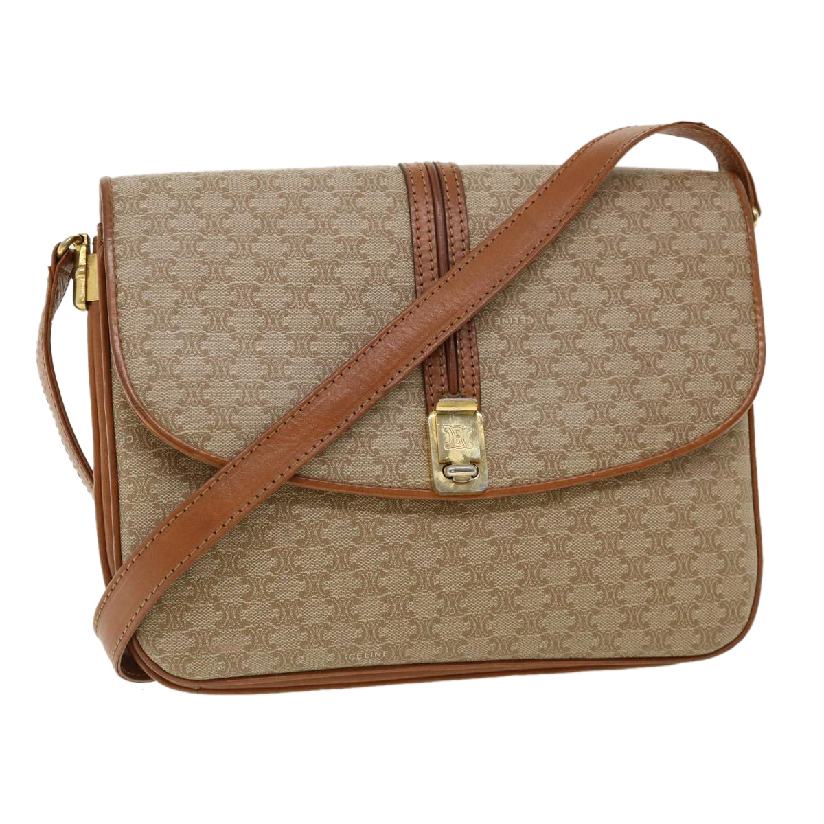 Celine Macadam Canvas Shoulder Bag Beige Auth 32455